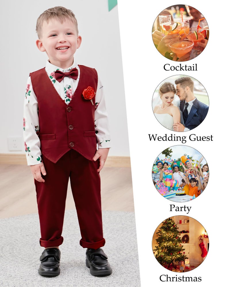 WESIDOM Boys Suit 6 Pieces Clothing Set, Formal Dress Shirt+Bowtie+Vest+Boutonniere+Pants Boys Gentleman Wedding Outfits(Red, Size 7) - Image 2