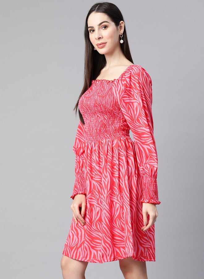PlusS Pink Smocked Fit & Flare Dress for Women - Image 3