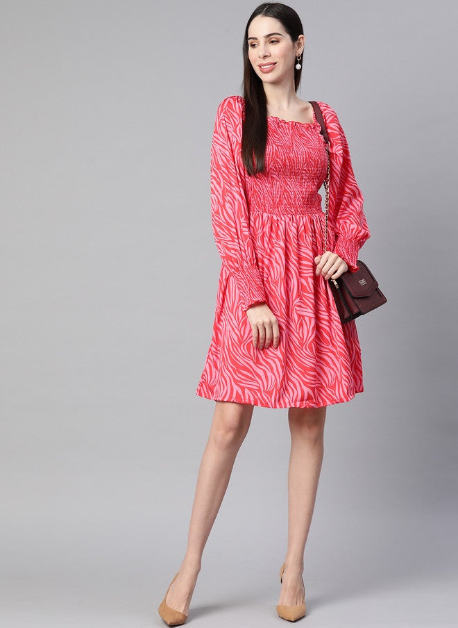 PlusS Pink Smocked Fit & Flare Dress for Women - Image 5