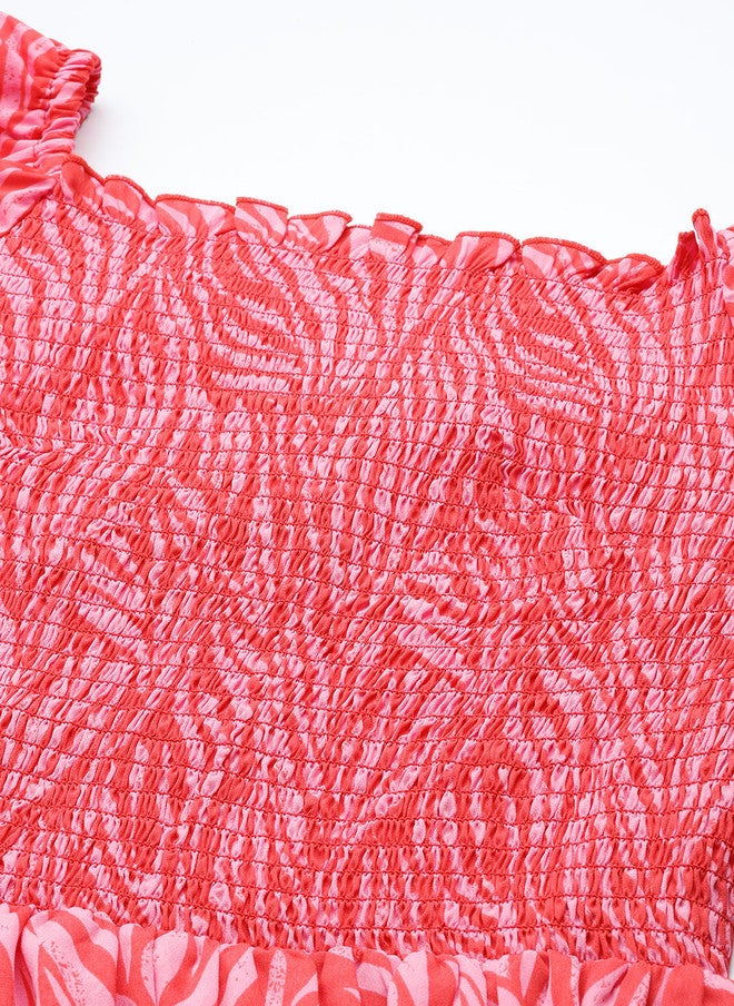 PlusS Pink Smocked Fit & Flare Dress for Women - Image 2