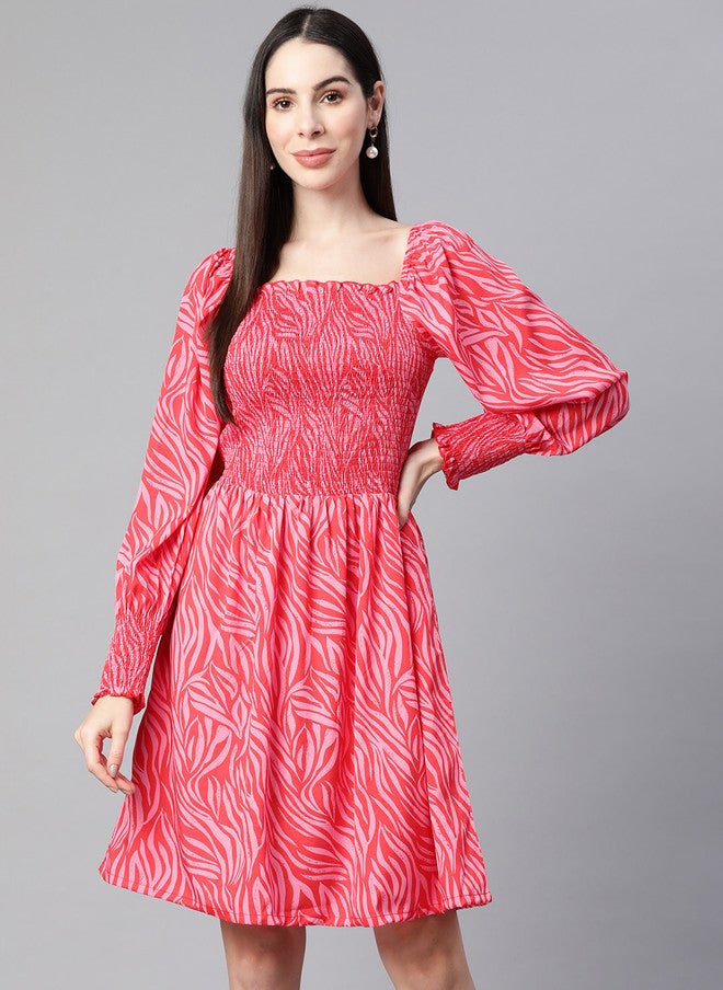 PlusS Pink Smocked Fit & Flare Dress for Women - Image 1
