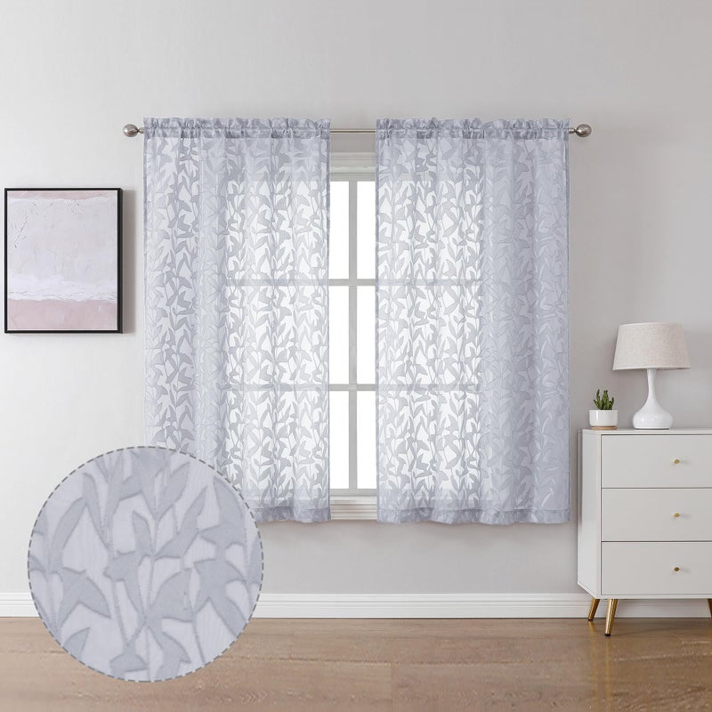 Lecloud Leia Light Grey Semi Sheer Curtains 45 Inch Length 2 Panels, Jacquard Textured Balance Light & Privacy Leaf Voile Curtains for Living Room, Dual Rod Pockets Bedroom Drapes, 40 W x 45 L - Image 1