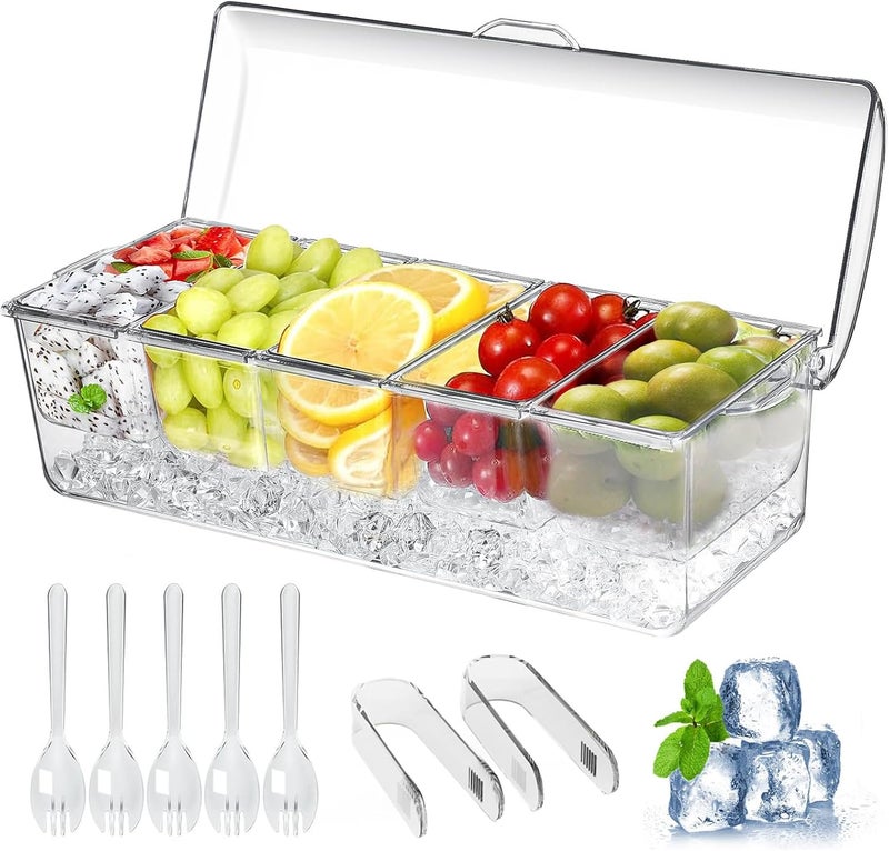 PADELE Large Ice Chilled Condiment Caddy，Chilled Condiment Containers Server with Lids for 5 Removable Compartments (2.5 cup)，Serving Platters, Fruit & Garnish Tray for Party Supplies & Bar Accessories - Image 1