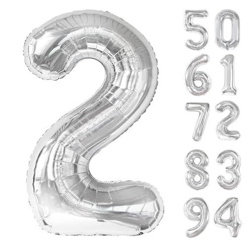 IWERP Silver 2 Balloon Number Balloons 40 Inch 2nd Balloon Number Birthday Decorations Two Second Birthday Party Supplies Number 2 Balloon - Image 1