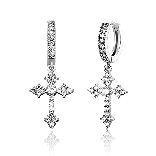 JINAO Cross Hoop Dangle Earrings 14K Gold Plated 5A+ Cubic Zirconia Cartilage Hypoallergenic Sterling Silver Cross Dangle Drop Earrings For Men Women-Hot Silver - Image 1