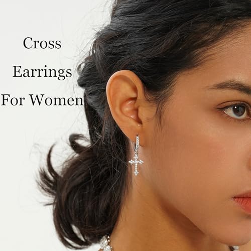 JINAO Cross Hoop Dangle Earrings 14K Gold Plated 5A+ Cubic Zirconia Cartilage Hypoallergenic Sterling Silver Cross Dangle Drop Earrings For Men Women-Hot Silver - Image 3
