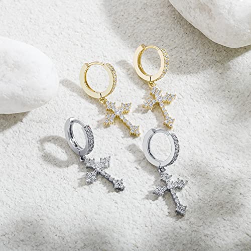 JINAO Cross Hoop Dangle Earrings 14K Gold Plated 5A+ Cubic Zirconia Cartilage Hypoallergenic Sterling Silver Cross Dangle Drop Earrings For Men Women-Hot Silver - Image 5