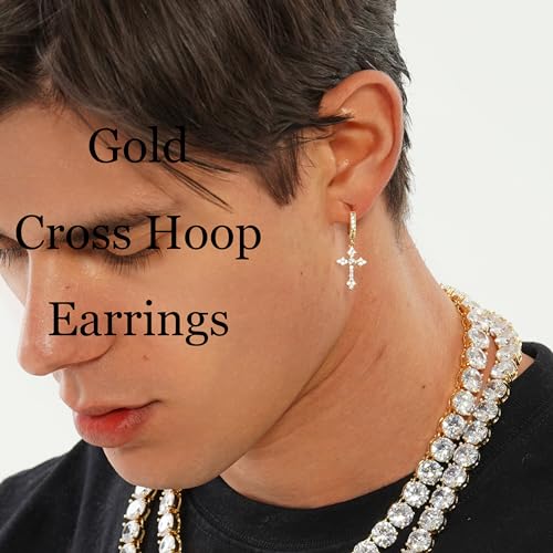 JINAO Cross Hoop Dangle Earrings 14K Gold Plated 5A+ Cubic Zirconia Cartilage Hypoallergenic Sterling Silver Cross Dangle Drop Earrings For Men Women-Hot Silver - Image 4