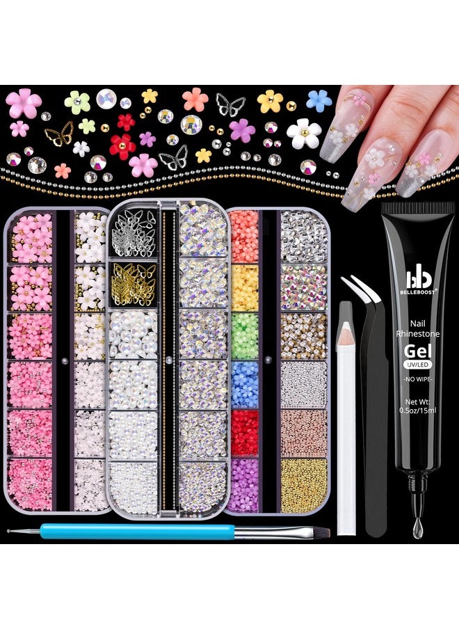 BELLEBOOST 3D Nail Charms, Manicure Kit With Nail Rhinestone Glue Gel (Uv Curing), Butterfly Colorful Flower Starry Ab Gems Caviar Beads Half Round Pearl & Flatback Glass Ab + Clear Crystal With Dotting Tools  - Image 1