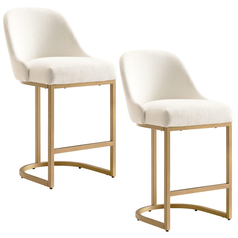 Leick Home 10132GDWT Barrelback Counter Stool with Metal Base Set of 2 for Kitchen Counters and Islands Modern White Linen Seat and Gold Metal Base