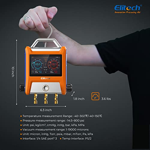 Elitech EMG-20V Intelligent HVAC Digital Manifold Gauge Three Port with Vaccum Sensor Thermometer Clamps Hoses - Image 5