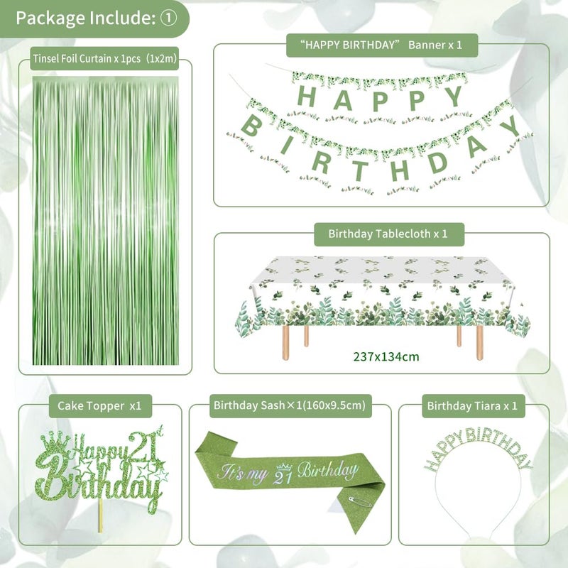 GYESXYW Sage Green 21st Birthday Decorations - Happy Birthday Banner, Gold Balloons, Crown, Sash, Fringe Curtain, Tablecloth, Cake Topper for Girls' 21st Party - Image 2