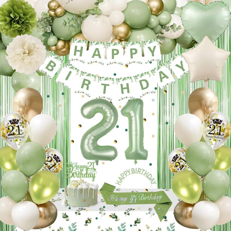 GYESXYW Sage Green 21st Birthday Decorations - Happy Birthday Banner, Gold Balloons, Crown, Sash, Fringe Curtain, Tablecloth, Cake Topper for Girls' 21st Party - Image 1