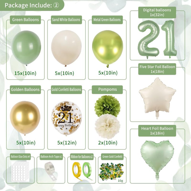 GYESXYW Sage Green 21st Birthday Decorations - Happy Birthday Banner, Gold Balloons, Crown, Sash, Fringe Curtain, Tablecloth, Cake Topper for Girls' 21st Party - Image 3
