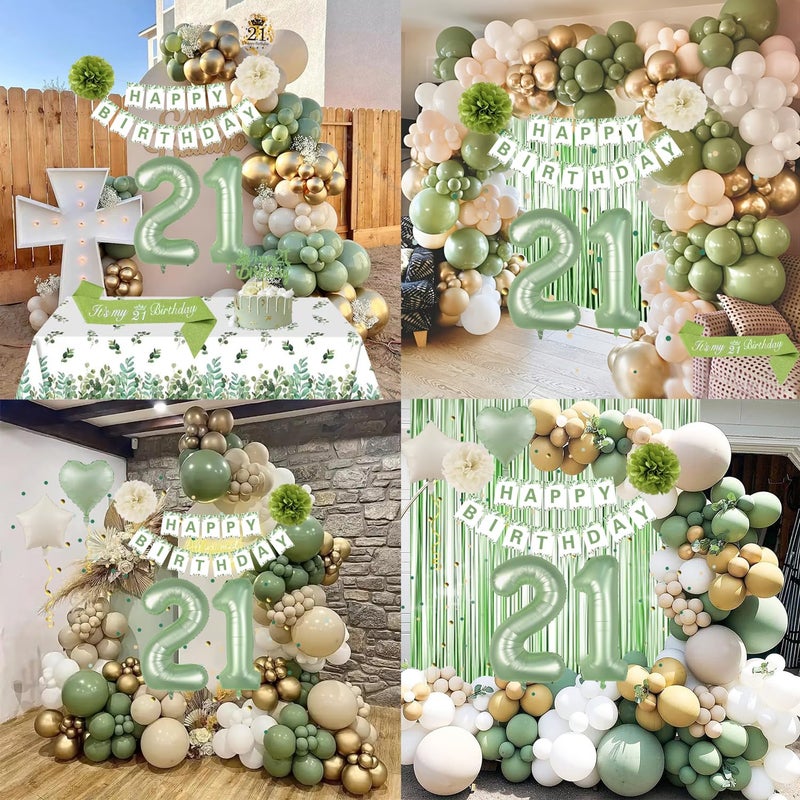 GYESXYW Sage Green 21st Birthday Decorations - Happy Birthday Banner, Gold Balloons, Crown, Sash, Fringe Curtain, Tablecloth, Cake Topper for Girls' 21st Party - Image 5