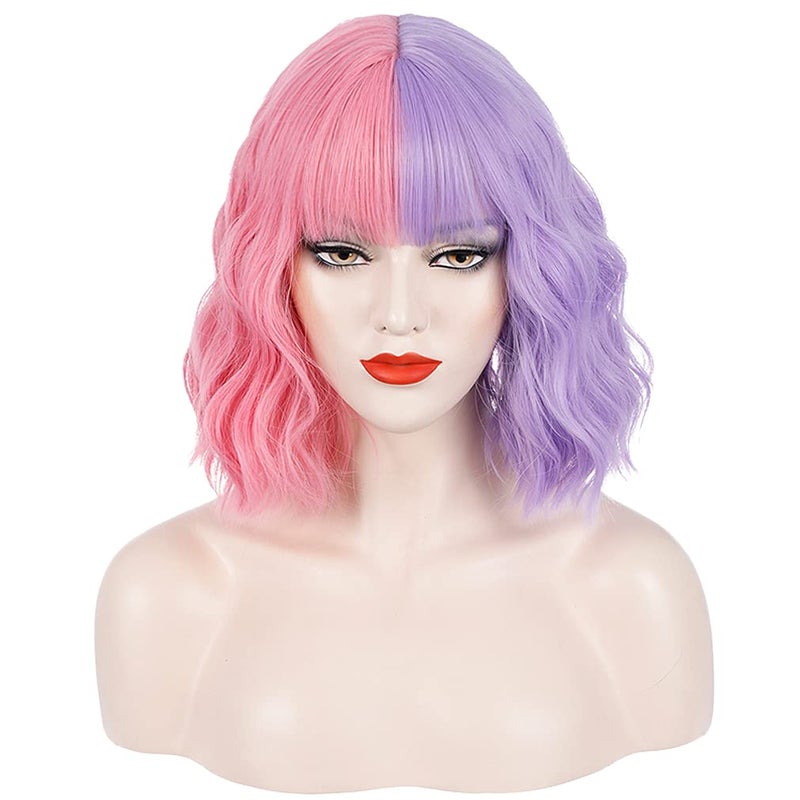 Pink Purple Wig Short Curly Wig Half Pink Half Purple Wig with Bangs Split Wig Two Color Wig for Women Girls Heat Resistant Synthetic Hai Cosplay Costume Wig Pink and Purple