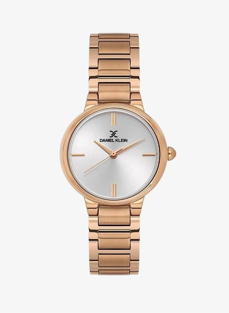 Daniel Klein Women's Stainless Steel Rose Gold Alloy Case Analog Silver Round Sunray Dial Japanese Quartz Premium 30 Meters Water Resistant