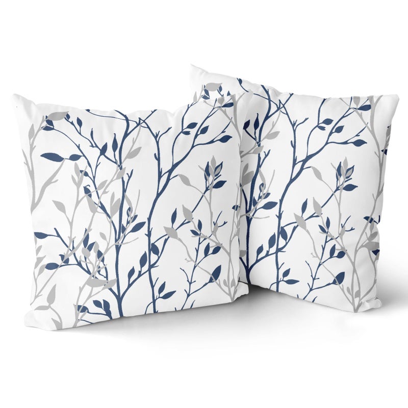 Giwawa Navy Blue Pillow Covers Set of 2 Blue and Silver Branch Leaves Throw Pillow Case Decorative Blue White Grey Print Farmhouse Cushion Covers for Sofa Couch Decor, 18x18 Inch - Image 1