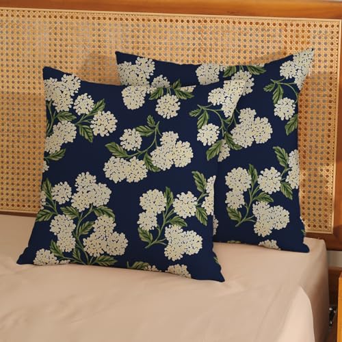 DAFENA Navy Blue Spring Pillow Covers 18x18 Inch 2 Pcs Green Yellow Hydrangea Flower Decor Throw Pillows Vintage Floral Seasonal Summer Outdoor Decoration Pillowcase Linen Cushion Cover for Couch Sofa - Image 3