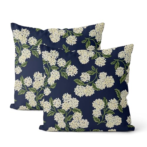 DAFENA Navy Blue Spring Pillow Covers 18x18 Inch 2 Pcs Green Yellow Hydrangea Flower Decor Throw Pillows Vintage Floral Seasonal Summer Outdoor Decoration Pillowcase Linen Cushion Cover for Couch Sofa - Image 1