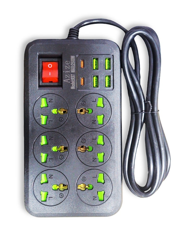 K97 Smart Power Strip, 6-Outlet 2500W Multi-Outlet Power Strip with Surge Protection, 4 USB Ports and 2 Type-C Ports, Fast and Safe Charging for All Devices, Non-Slip Stable Base, Stylish Black Design Perfect for Office and Home - Image 1
