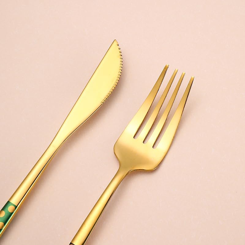 Silverware Flatware Set, 5/20/30/40/50/60 Pieces Stainless Steel Spoons, Chopsticks, Creative Polka Dot Steak Knife, Fork and Spoon Set, Portuguese Hotel Househ,Green-10Set-50Pcs - Image 4