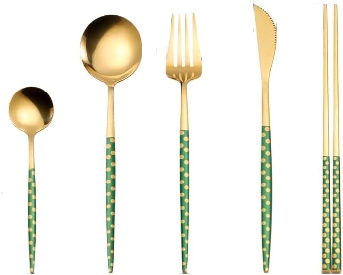 Silverware Flatware Set, 5/20/30/40/50/60 Pieces Stainless Steel Spoons, Chopsticks, Creative Polka Dot Steak Knife, Fork and Spoon Set, Portuguese Hotel Househ,Green-10Set-50Pcs - Image 1