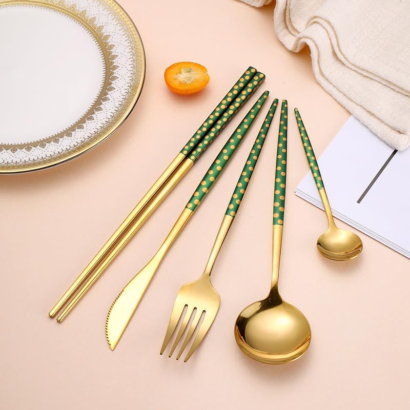Silverware Flatware Set, 5/20/30/40/50/60 Pieces Stainless Steel Spoons, Chopsticks, Creative Polka Dot Steak Knife, Fork and Spoon Set, Portuguese Hotel Househ,Green-10Set-50Pcs - Image 5