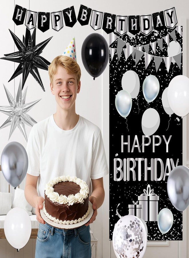 Pounira Birthday Decorations for Men Women, Black and Silver Happy Birthday Decorations for Boys Girls, Mens Happy Birthday Banner, Balloons, Tablecloth Foil Backdrop Star Balloons for Bday Party Decor - Image 5