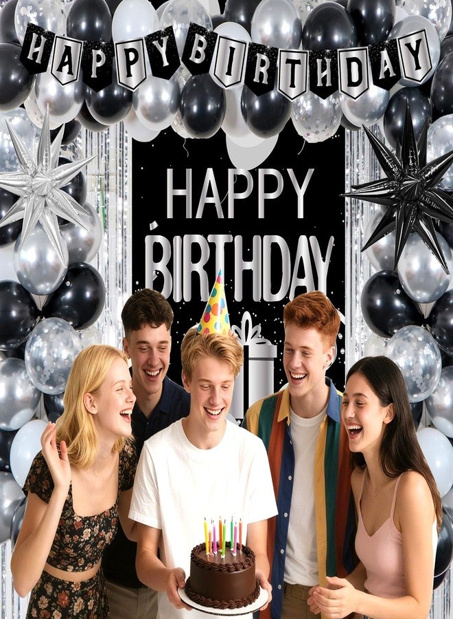 Pounira Birthday Decorations for Men Women, Black and Silver Happy Birthday Decorations for Boys Girls, Mens Happy Birthday Banner, Balloons, Tablecloth Foil Backdrop Star Balloons for Bday Party Decor - Image 4