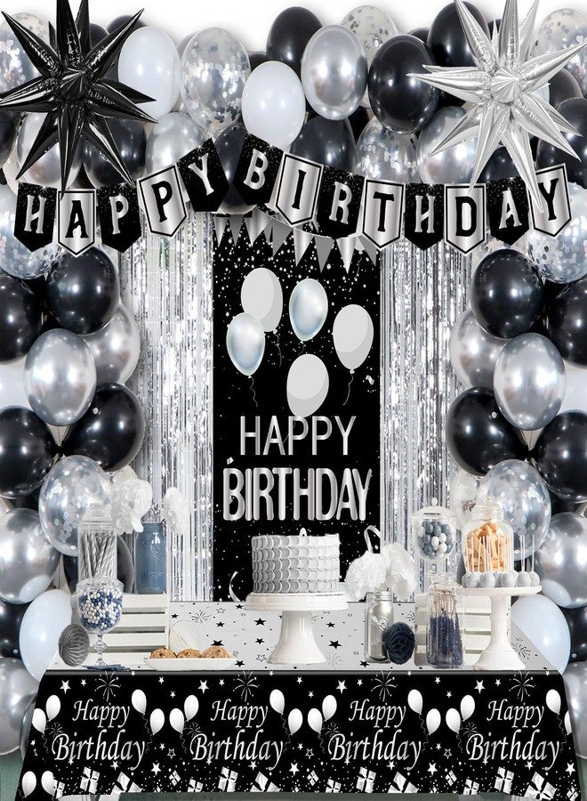 Pounira Birthday Decorations for Men Women, Black and Silver Happy Birthday Decorations for Boys Girls, Mens Happy Birthday Banner, Balloons, Tablecloth Foil Backdrop Star Balloons for Bday Party Decor - Image 1