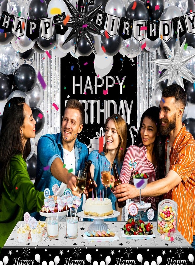 Pounira Birthday Decorations for Men Women, Black and Silver Happy Birthday Decorations for Boys Girls, Mens Happy Birthday Banner, Balloons, Tablecloth Foil Backdrop Star Balloons for Bday Party Decor - Image 2