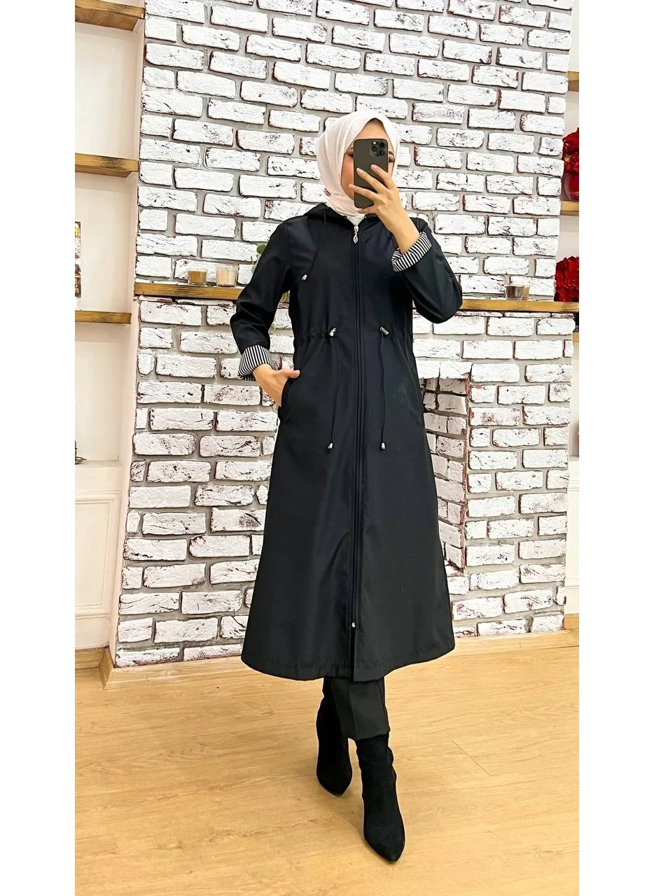 Marjinal City Marginal City Black Striped and Self-Lined Waterproof Women's Trench Coat