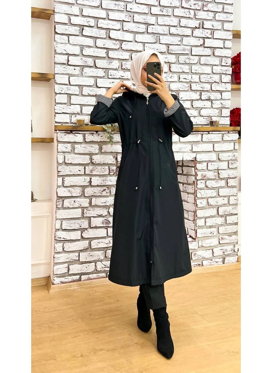 Marjinal City Marginal City Black Striped and Self-Lined Waterproof Women's Trench Coat