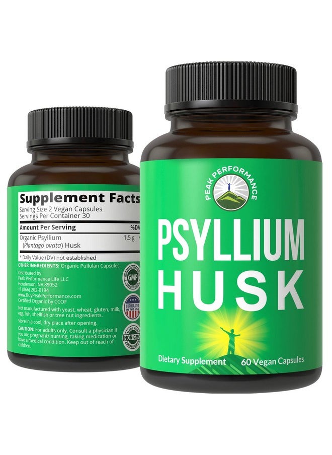 Peak Performance Psyllium Husk Vegan Capsules Made With Psyllium Husk Seed. Fiber Supplement Caps For Gut. Digestive Prebiotics. Pills For Digestion Roughage Without Bloating. Tablets  - Image 2
