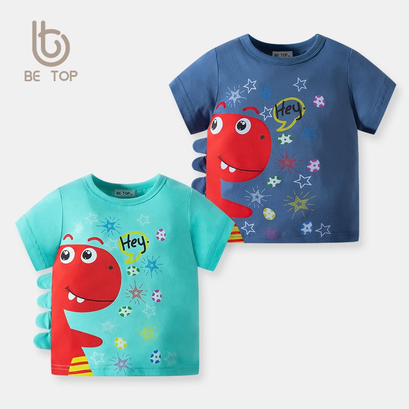 2024 new children's T-shirt cartoon dinosaur cotton top boys' Western style clothes Korean style printed one-piece delivery - Image 2