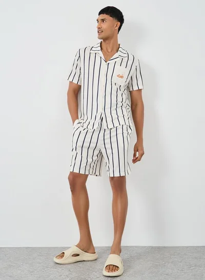 Styli Styli Men Cream Striped Resort Collar Shirt and Shorts Set