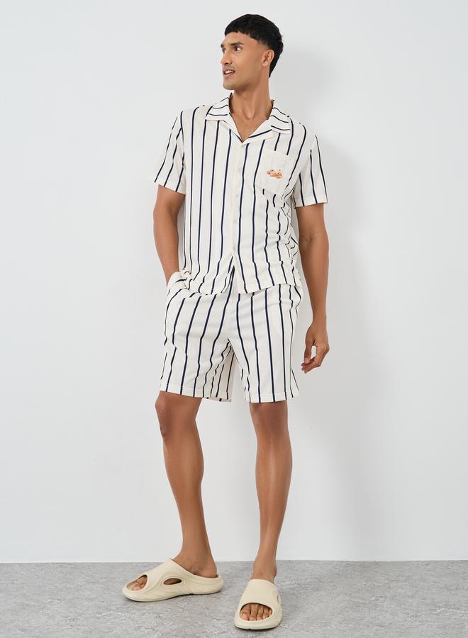 Styli Men Cream Striped Resort Collar Shirt and Shorts Set - Image 1