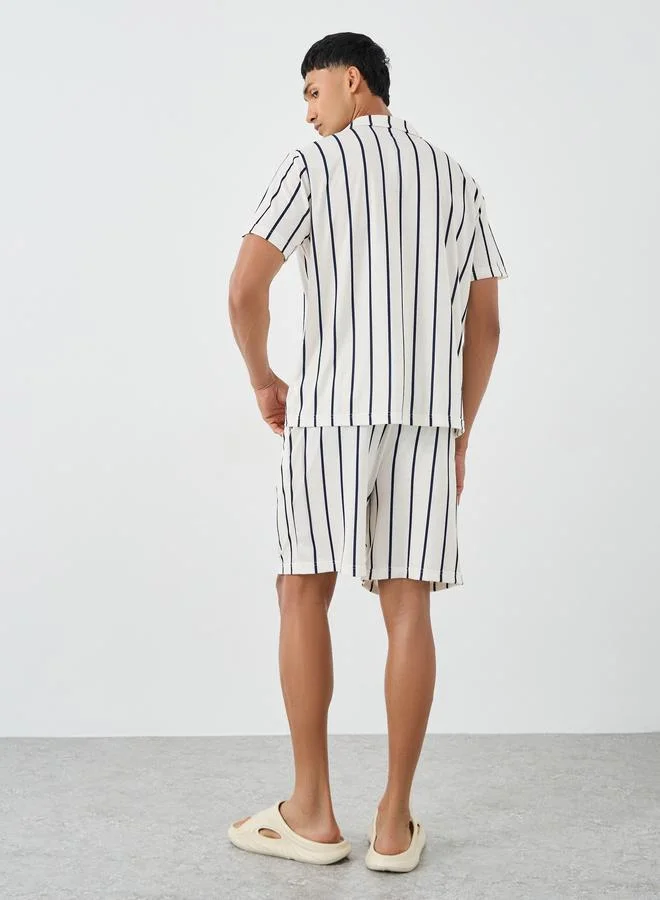 Styli Styli Men Cream Striped Resort Collar Shirt and Shorts Set