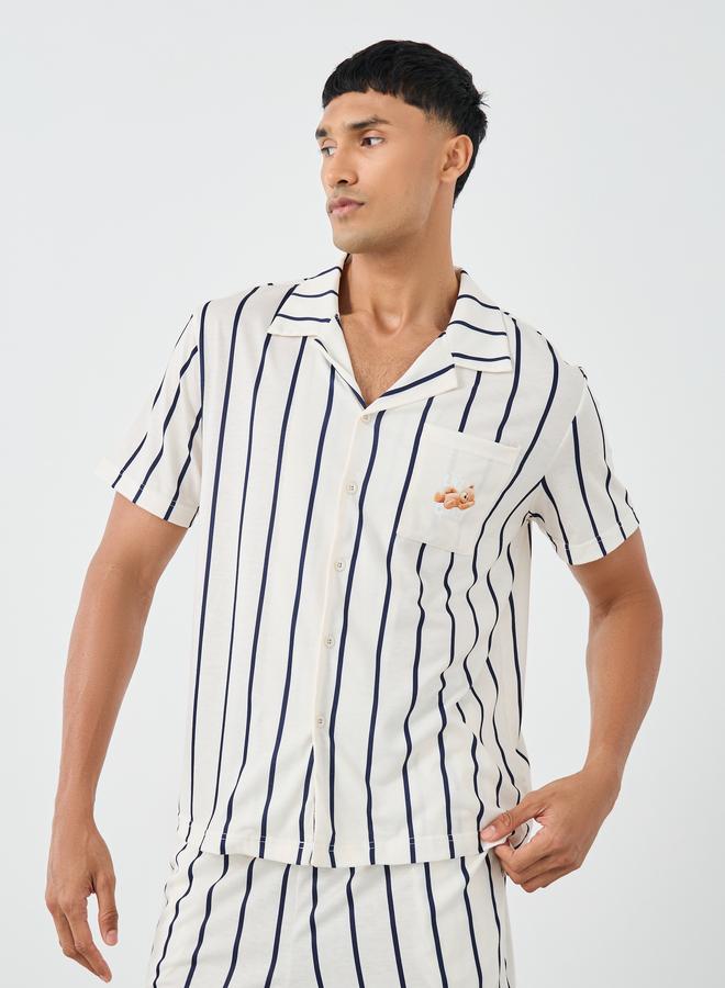 Styli Men Cream Striped Resort Collar Shirt and Shorts Set - Image 2