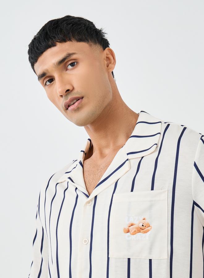 Styli Men Cream Striped Resort Collar Shirt and Shorts Set - Image 3