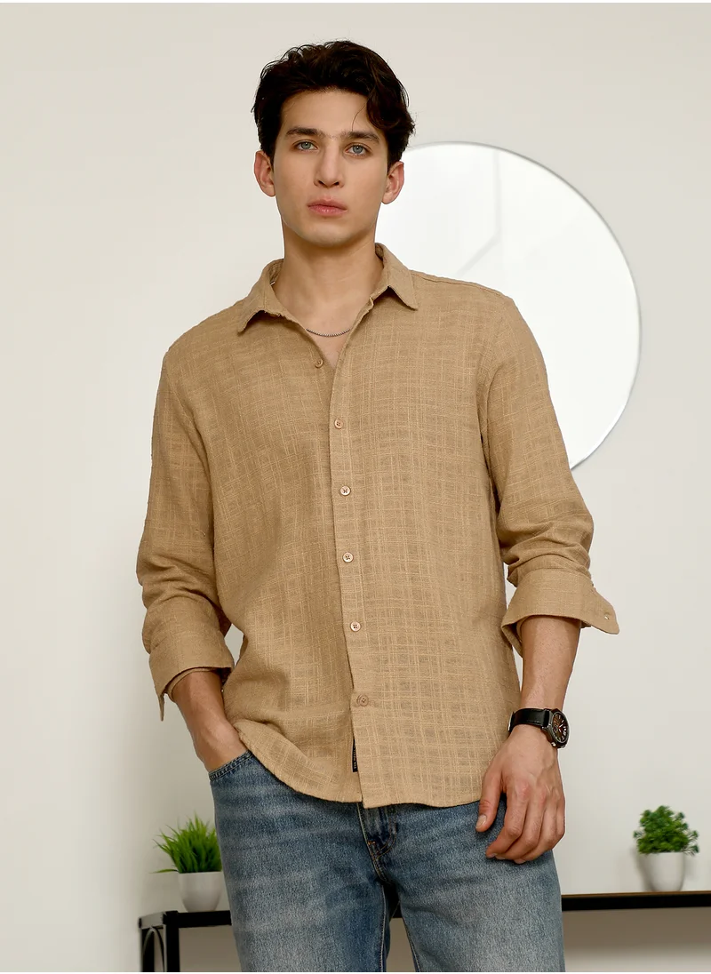 كامبوس سوترا Men's Beige Textured Full Sleeve Shirt