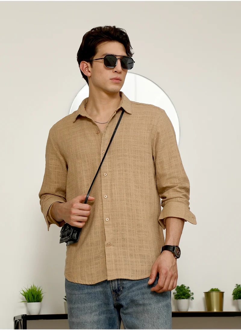 كامبوس سوترا Men's Beige Textured Full Sleeve Shirt