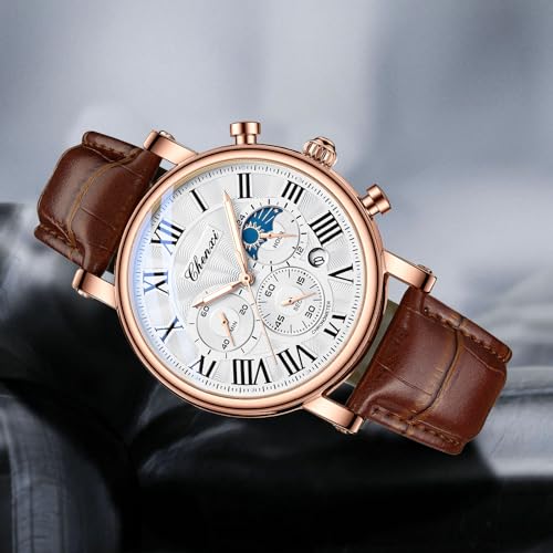 FANMIS Men's Classic Multifunctional Military Sports Analog Watch Business Dress Waterproof Luminous Chronograph Starry Sky Moon Phase Leather Wristwatch (X Brown Rose) - Image 4