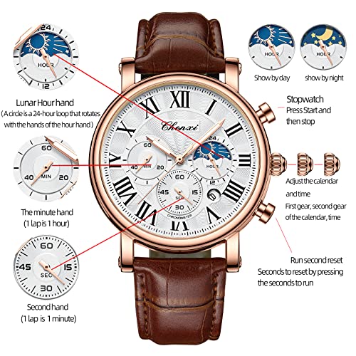 FANMIS Men's Classic Multifunctional Military Sports Analog Watch Business Dress Waterproof Luminous Chronograph Starry Sky Moon Phase Leather Wristwatch (X Brown Rose) - Image 5