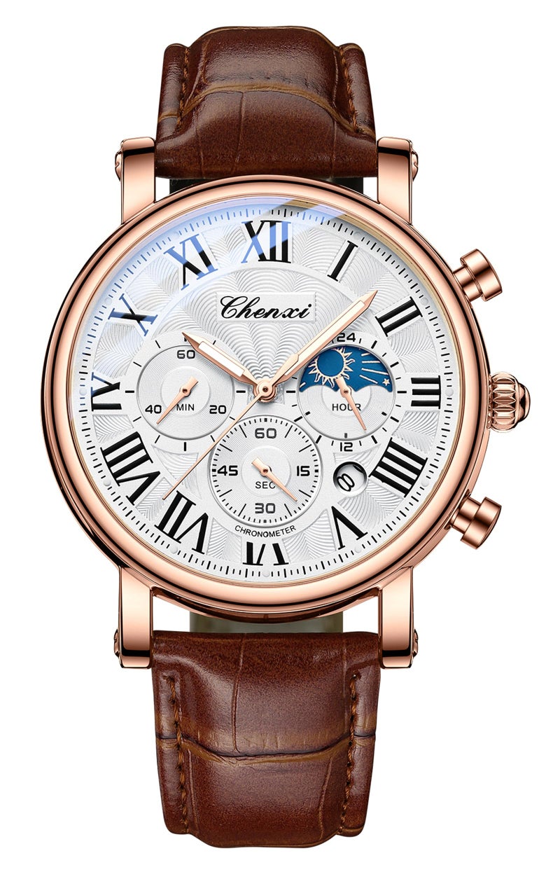 FANMIS Men's Classic Multifunctional Military Sports Analog Watch Business Dress Waterproof Luminous Chronograph Starry Sky Moon Phase Leather Wristwatch (X Brown Rose) - Image 1