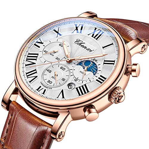 FANMIS Men's Classic Multifunctional Military Sports Analog Watch Business Dress Waterproof Luminous Chronograph Starry Sky Moon Phase Leather Wristwatch (X Brown Rose) - Image 2