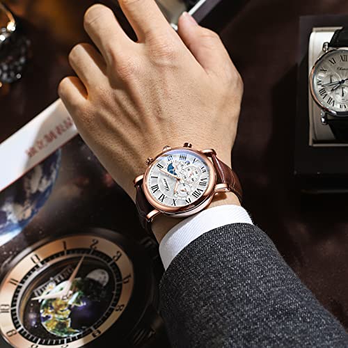 FANMIS Men's Classic Multifunctional Military Sports Analog Watch Business Dress Waterproof Luminous Chronograph Starry Sky Moon Phase Leather Wristwatch (X Brown Rose) - Image 3