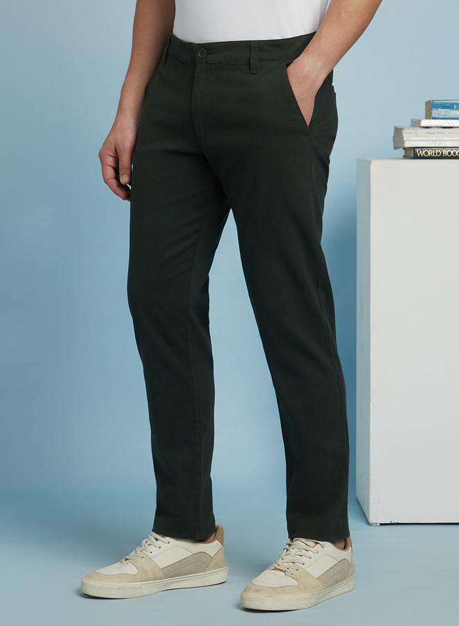 Dennis Lingo Men's Olive Green 100% Cotton Solid Pattern Chinos Straight Fit Trouser  - Image 3