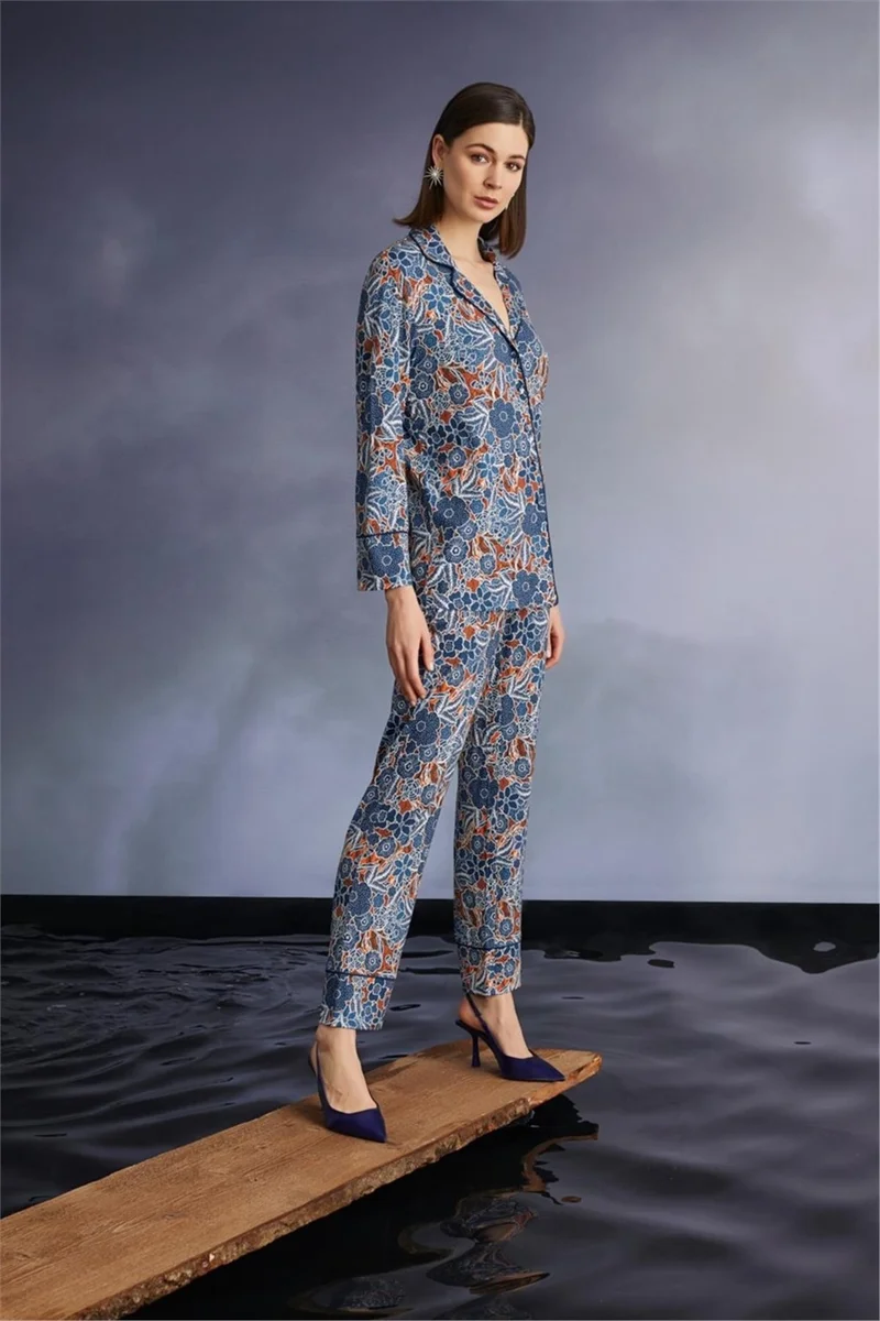 Monamise 22130 Women's Long Sleeve Front Buttoned Pajama Set-Navy Blue